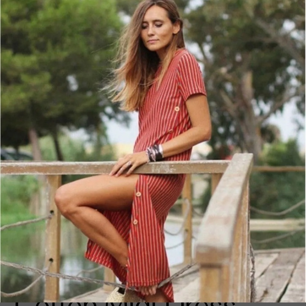 ZARA Red Striped Cotton Midi Dress with Side Buttons Size Small